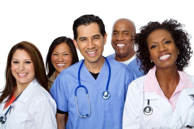 Medical professionals against white background